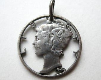 Vintage 1943 Sterling Silver Cut Out Mercury Dime 40s Bracelet Charm