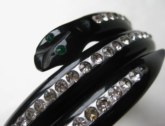 Snake Bracelet Art Deco Carved Black Bakelite Ser… - image 3