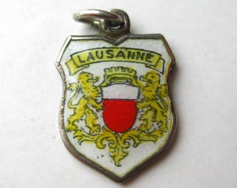 Vintage Lausaqnne Charm Switzerland 800 Silver Enamel Travel Shield Souvenir Bracelet Charm
