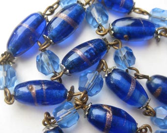 Vintage 50s Gold Fleck Fiorato Aventurine Italian Venetian Blue Art Glass Murano Bead 24" Long Necklace
