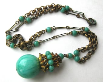 Vintage 20s Necklace Art Nouveau Czech Peking Glass Gold Metal Pendant Necklace