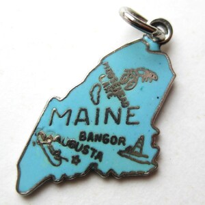 Maine Charm Vintage 50er Jahre Sterling Silber Blau Emaille State Map Souvenir Armband Charm