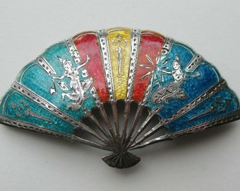 Vintage Siam Sterling Silver Niello Red Yellow & Turquoise Enamel Fan Brooch Pin