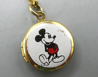Vintage Mickey Mouse Enamel Locket Necklace Pendant & Chain