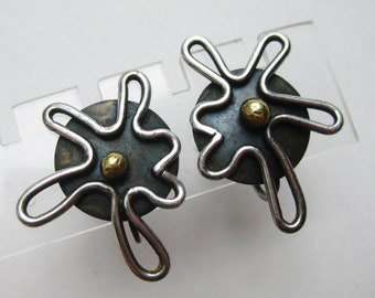 Vintage 50s Sterling Silver Brass Mixed Metals Amoeba Freeform Screwback Earrings