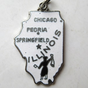 Dije vintage de esmalte blanco con mapa del estado de Illinois, pulsera de recuerdo