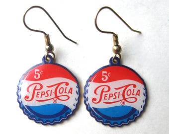 Vintage 80s Pesi Cola Coke Bottle Cap Drop Dangle Novelty Enamel Metal Earrings
