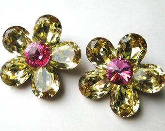 Vintage Esq Capade by Joni Yellow Crystal Flower Clip On Earrings