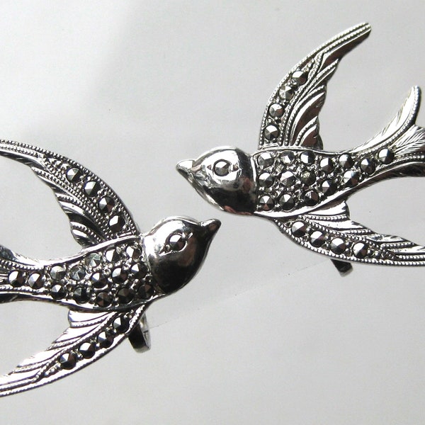 Vintage Art Deco Sterling Silver Marcasite Swallow Bird Novelty Screwback Earrings