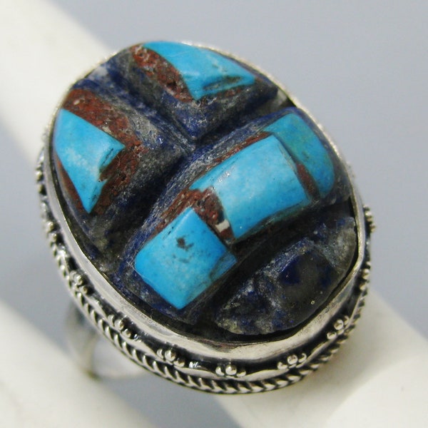 Vintage Sterling Silver Lapis Lazuli Turquoise Carved Scarab Stone Ring