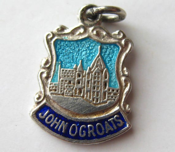 Vintage Charm Sterling Silver John o' Groats Scotland Travel Shield Enamel Souvenir Bracelet Charm