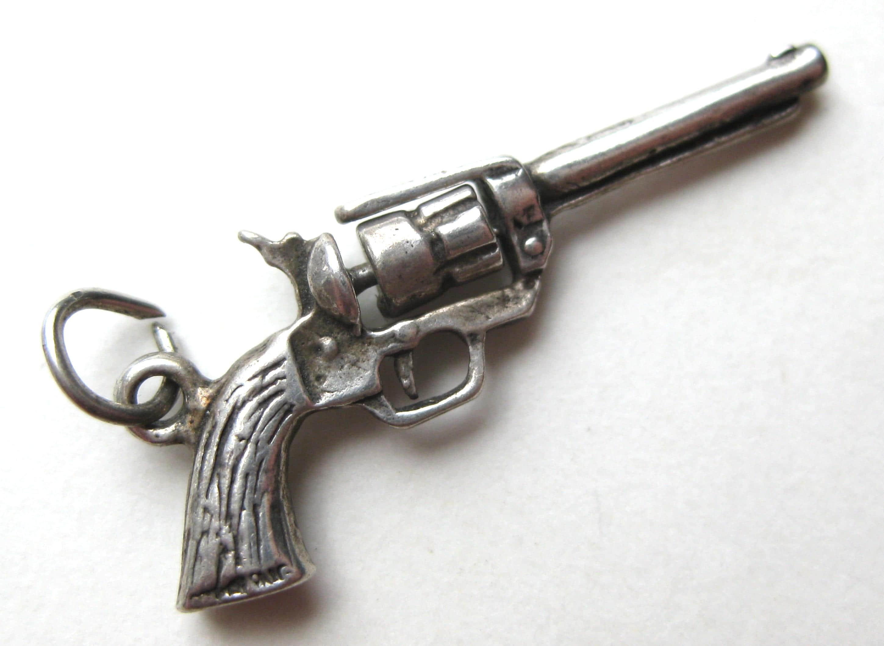 Vintage Charm Sterling Silver Six Shooter Revolver Gun Mechanical
