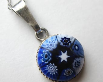 Vintage Italian Art Glass Blue Millefiori Sterling Silver Necklace Pendant & Chain