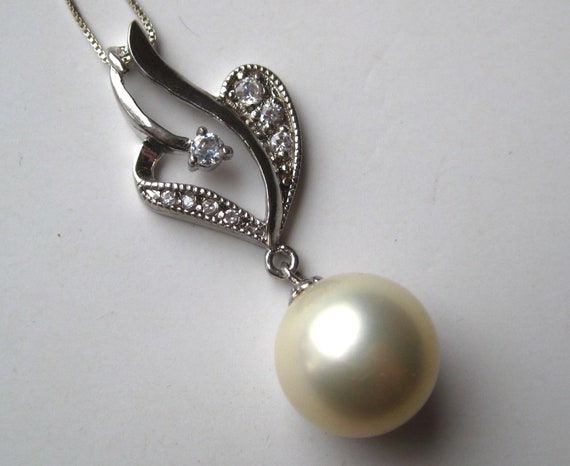 Sterling Silver 14mm White Pearl CZ Jeweled Vinta… - image 1