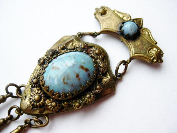 Vintage 40s Karu Brass Victorian Revival Turquois… - image 2