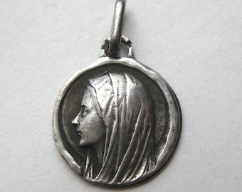 Vintage French Sterling Silver Our Lady of Lourdes Virgin Mary Miraculous Medal Necklace Pendant France