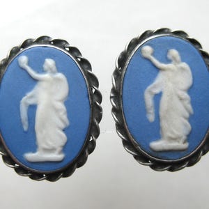 Vintage Wedgwood Blue Jasperware Cameo Sterling Silver Screwback Earrings