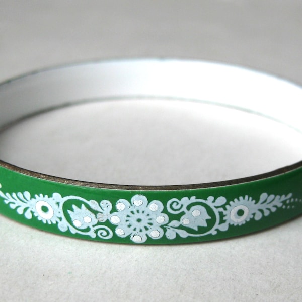 Vintage Austrian Floral Green Enamel Bangle Bracelet