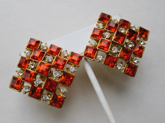 Vintage 80s Orange Gold Rhinestone Checkerboard D… - image 9