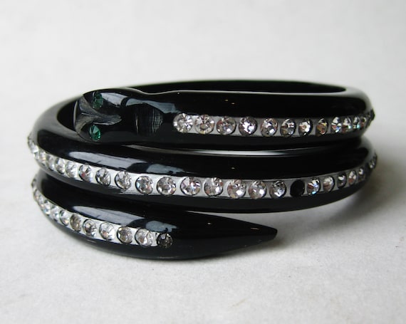 Snake Bracelet Art Deco Carved Black Bakelite Ser… - image 10