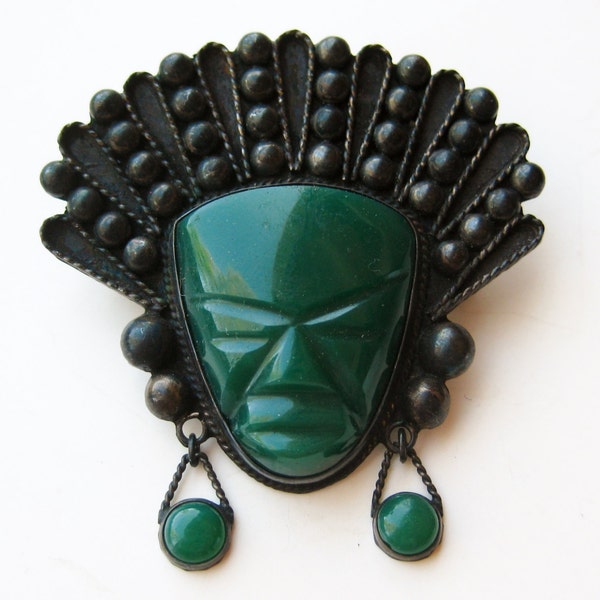 Vintage 50s Mexican Sterling Silver Taxco Green Onyx Face Mask Tribal Brooch Pin