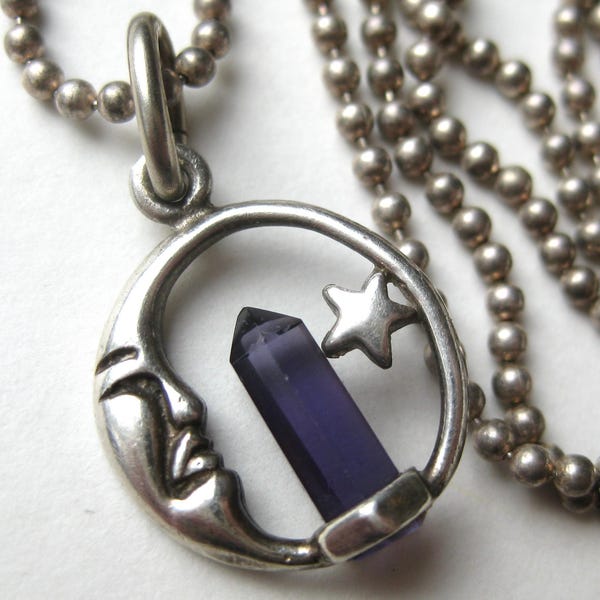 Vintage Sterling Silver Celestial Crescent Moon Amethyst Crystal Necklace Pendant & Chain