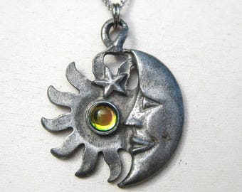 Vintage 90s Celestial Crescent Man in the Moon Rainbow Starburst Crystal Ball Necklace Pendant & Chain