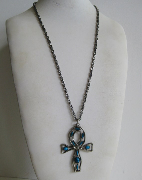 Vintage 60s Faux Turquoise Egyptian Ankh Pendant … - image 8