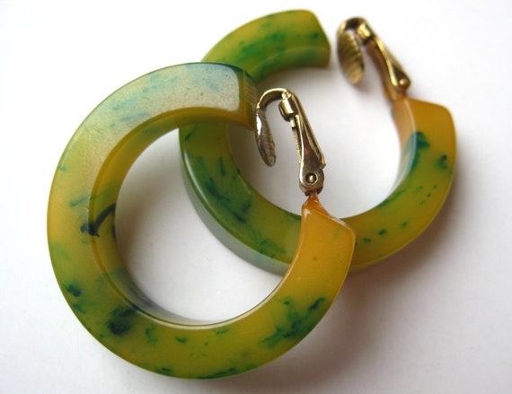 Vintage 40s Art Deco Green & Yellow Marbled Swirl… - image 3