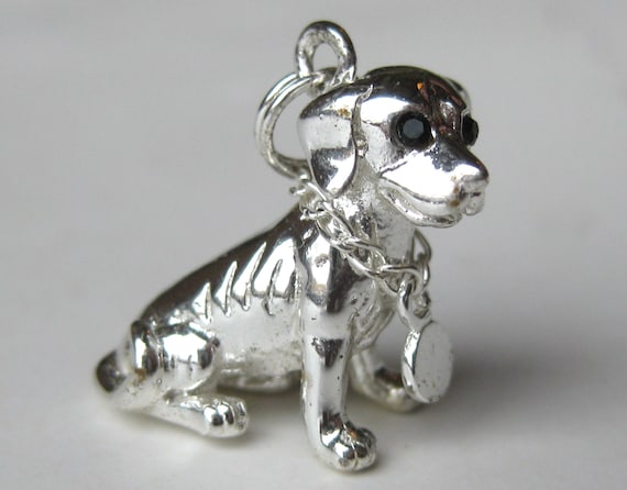 Vintage Charm Sterling Silver Jeweled Puppy Dog 3… - image 1
