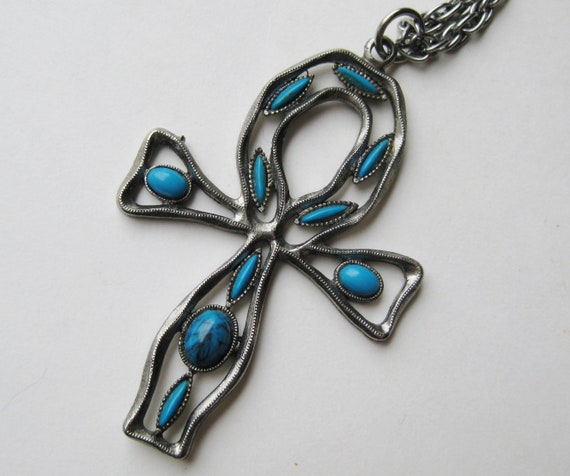 Vintage 60s Faux Turquoise Egyptian Ankh Pendant … - image 1