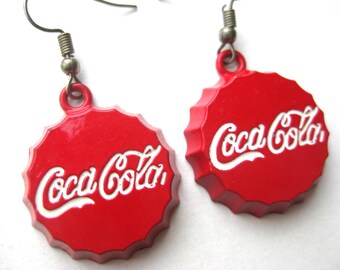 Vintage 80s Coca Cola Coke Bottle Cap Drop Dangle Novelty Red Metal Earrings