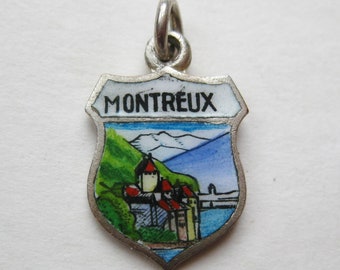 Vintage Charm Montreux Geneva Switzerland 800 Silver Enamel Travel Shield Souvenir Bracelet Charm