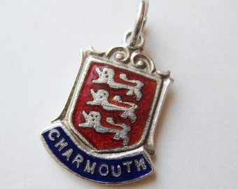 Charmouth Charm Sterling Silver Enamel Dorset Bridport England Vintage Souvenir Travel Shield Bracelet Charm