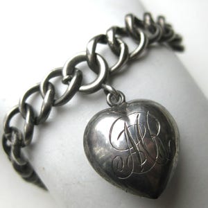 Vintage Sterling Silver Puffy Heart Clasp Charm 6.5&quot; Starter Bracelet