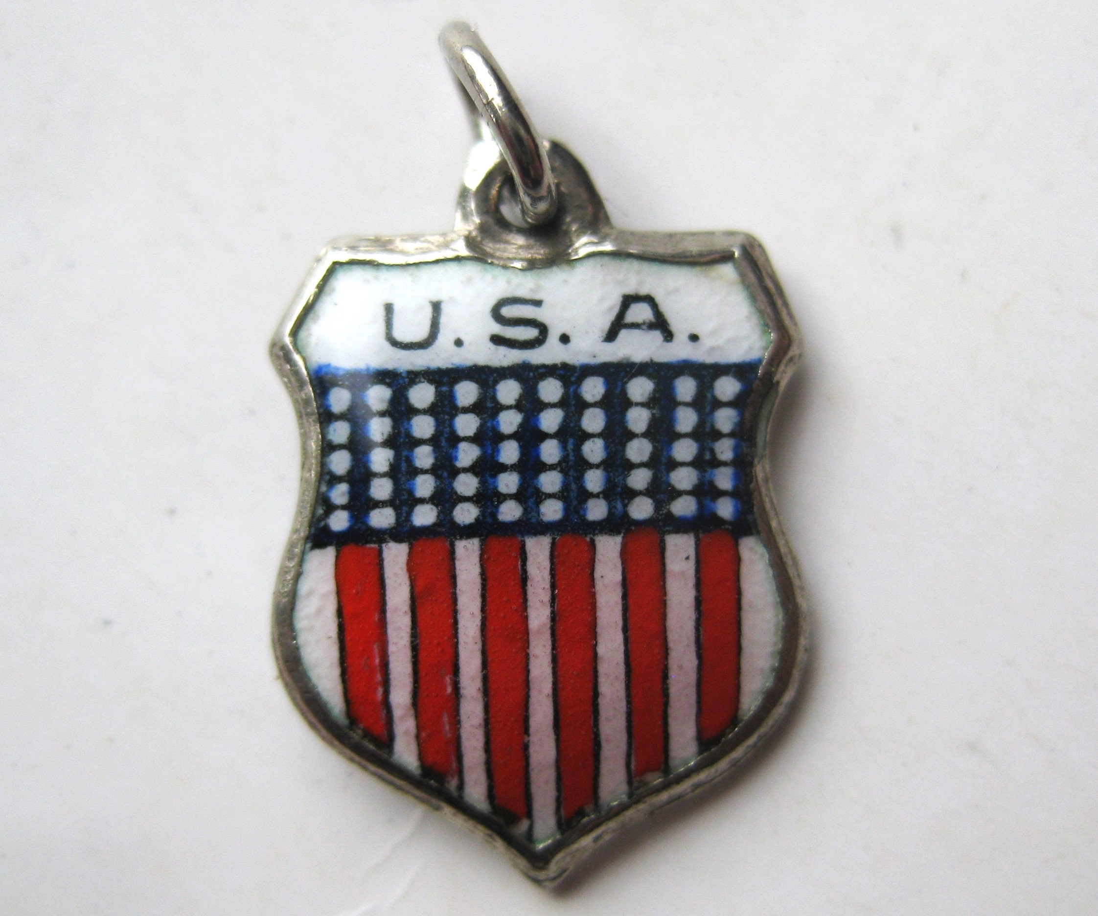 Vintage Charm Sterling Silver Enamel USA United States Flag Travel Shield  Souvenir Bracelet Charm