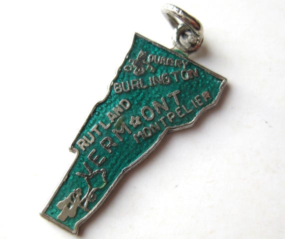 Vermont Charm Sterling Silver Green Enamel Vintage State Map Souvenir Bracelet Charm