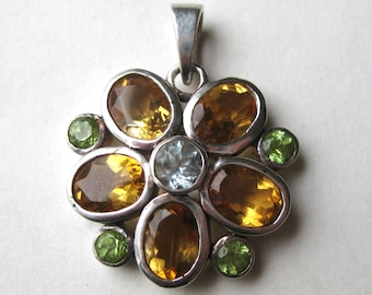Vintage Sterling Silver Citrine Peridot Gemstone Flower Necklace Pendant