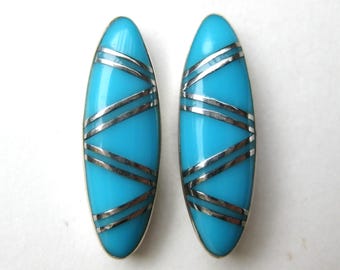 Vintage Earrings Sterling Silver Turquoise Inlay Navajo Indian Pierced Stud Earrings