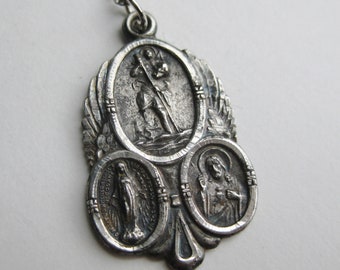 Collier pendentif et chaîne croix catholique Saint-Christophe Saint-Joseph en argent sterling vintage des années 30 40