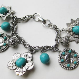Vintage Coro Silver & Faux Turquoise Novelty Charm Bracelet