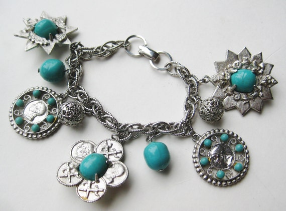 Vintage Coro Silver & Faux Turquoise Novelty Char… - image 1