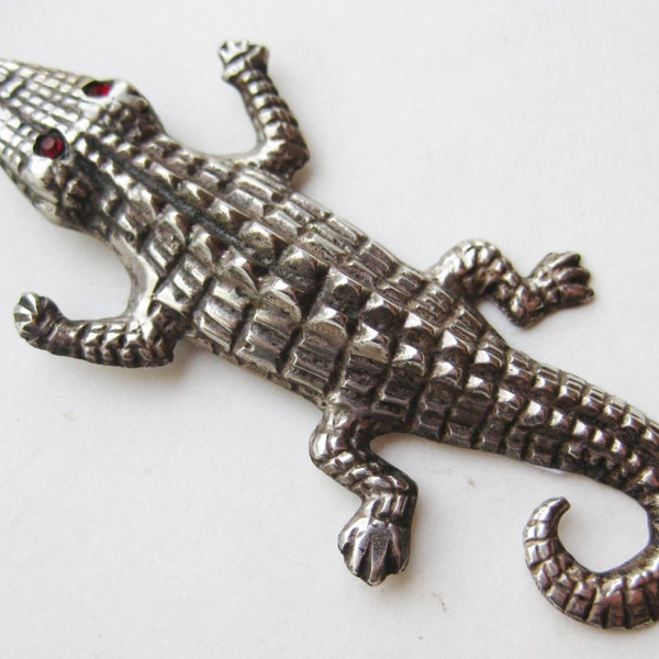 Vintage Mexican Sterling Silver Taxco Figural Alligator Brooch Pin Red Jeweled Eyes