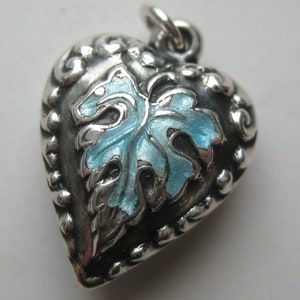 Vintage Charm Sterling Silver Blue Enamel Leaf Puffy Heart Bracelet Charm