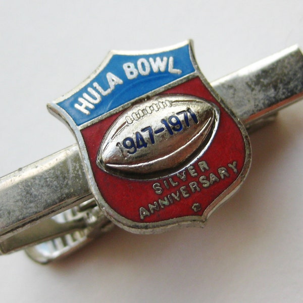 Vintage 1971 Hula Bowl Enamel Silver Anniversary Hawaiian Football Game Tie Bar Clip