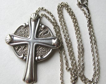 Vintage Gorham Sterling Silver Footprints Cross Necklace Pendant & Chain