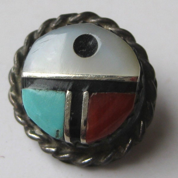 Zuni Indian Tie Tack Sterling Silver Sun Face Coral Turquoise MOP Tie Pin Vintage 50s