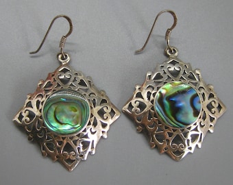 Vintage Sterling Silver Abalone Pierced Drop Dangle Earrings