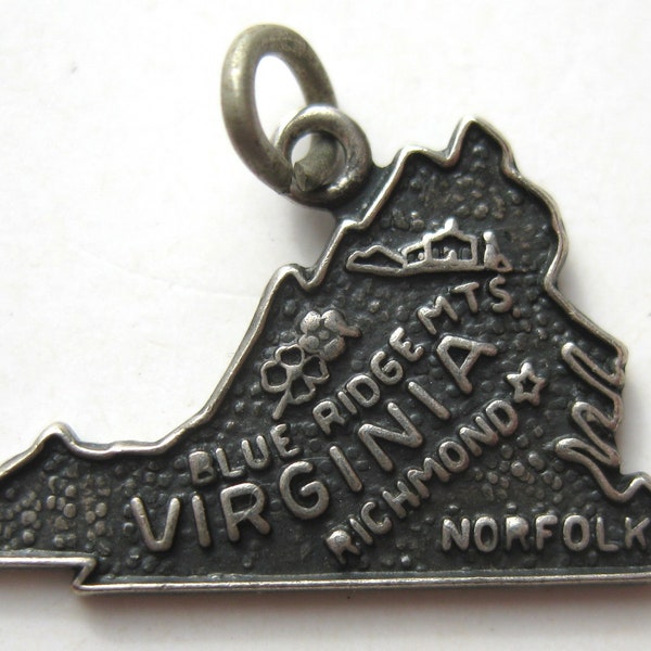 Vintage Charm Sterling Silver Virginia State Map Souvenir Bracelet Charm