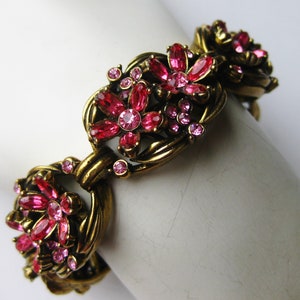 Vintage 50s Hollycraft Pink Rhinestone Flowers Panel Link Costume Jewelry Bracelet